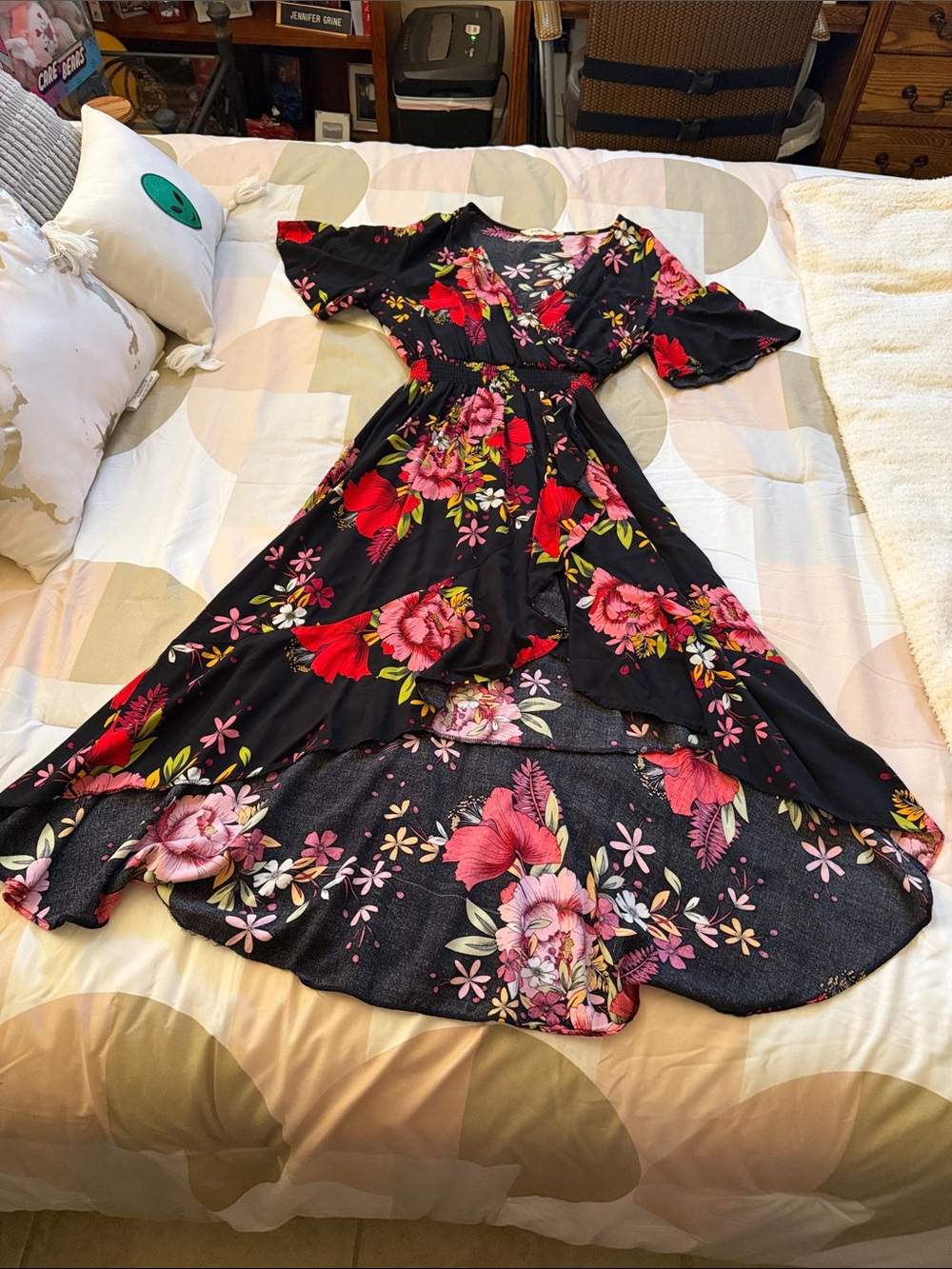 Floral Black High-Low Wrap Dress with Red & Pink Blooms